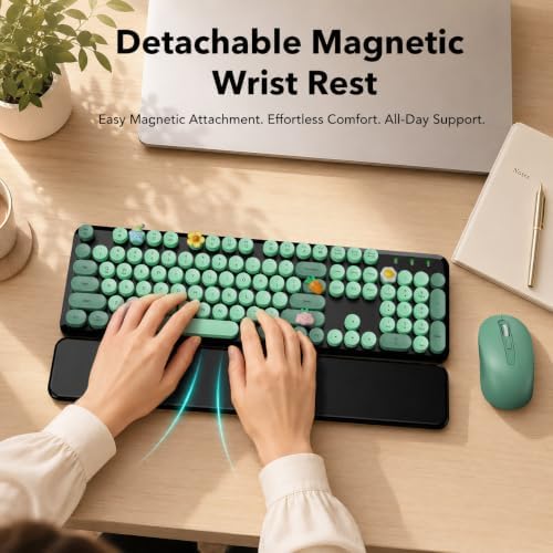 Wireless Keyboard and Mouse, Round Keycap, Magnetic Wrist Rest, Green Black