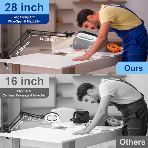 10X Large Magnifying Glass with Light and Clamp, Real Glass, 5 Color Modes, Stepless Dimmable, Lighted Magnifier with Stand Hands Free, LED Swing Arm Desk Lamp for Close Work, Craft, Reading, Painting