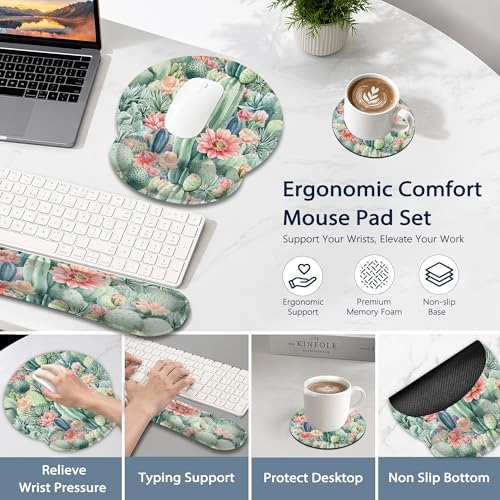 Ergonomic Keyboard and Mouse Wrist Rest Set, Cactus Flower Succulent Plant Mouse Pad with Non Slip Base, Soft Cloth Surface for Office and Home Typing Support