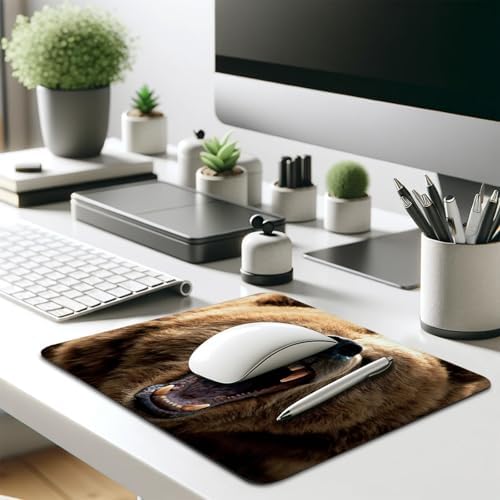 Grizzly Bear Roaring Face Mouse Pad, Wild Brown Bear Stitched Desk Mat