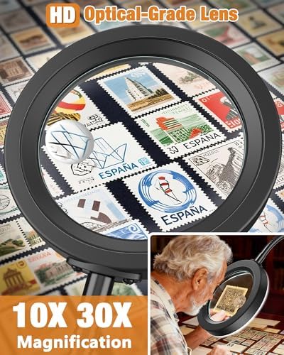 30X 10X Magnifying Glass with Light and Phone Holder, 5 Color Modes Stepless Dimmable, Optical Grade HD Lens, LED Lighted Magnifier Hands Free with Flexible Gooseneck for Close Work, Craft, Hobby