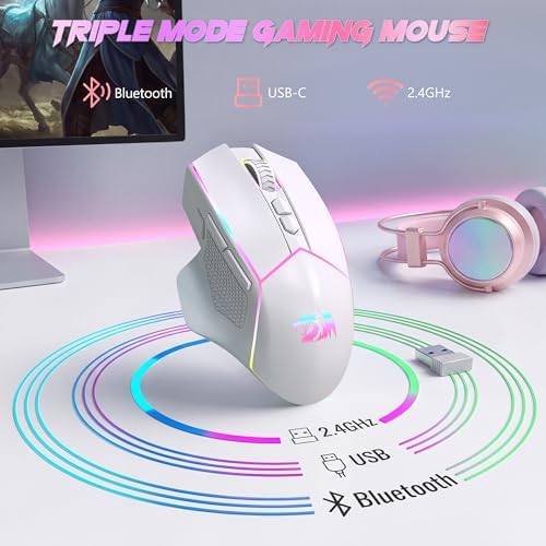 Redragon Wireless Gaming Mouse, Tri-Mode 2.4G/Bluetooth/USB-C, 7 Programmable Buttons, Tactile Rapid Fire Key, 24000 DPI RGB Ergonomic Mouse for PC Windows Gaming & Work, M814W