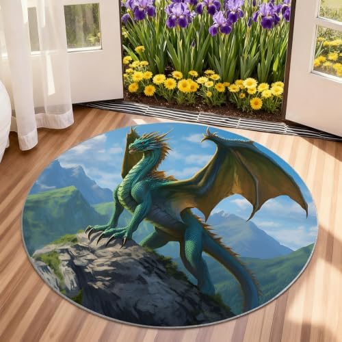 Dragon Round Area Rug - 6.6ft Western Dragon Round Rug for Living Room, Boy's Room Playroom Circle Rugs Soft Non-Slip Carpet for Bedroom Kiks Room Dining Table Decor Mat