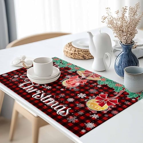 Balls Snowflake Placemats Set of 6, Xmas Plaid Decoration Washable Cotton Linen Table Mats for Kitchen Dining Table, Heat Insulation Place Mats for Indoor Outdoor Parties, Holiday Decorations