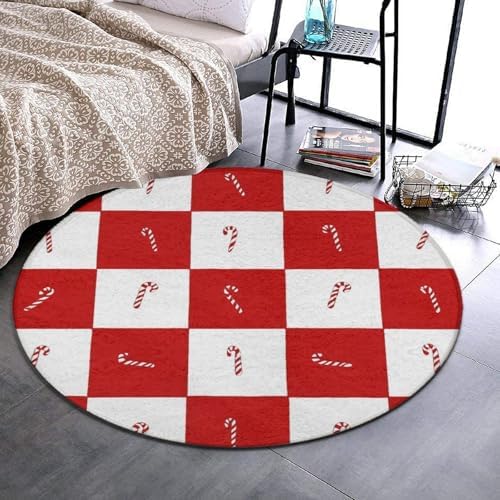 Fashion Round Area Rug Large Non Slip Carpet, Candy Cane Red Checkered Christmas Unisex Home Decor Mat