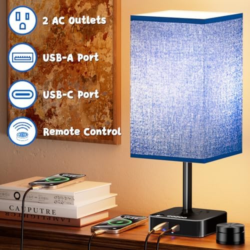 Bedroom Nightstand Lamp with Charger, Touch Table Lamps with Remote Control