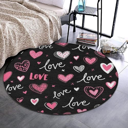 Large Machine Washable Circular Rugs, Home Decor Round Mat for Living Room Sofa Office Pink Heart Cute Love