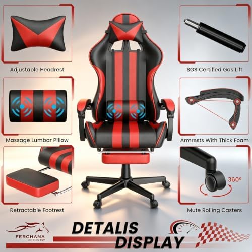 Ferghana Red Gaming Chair, Ergonomic Racing Style Computer Chair with Footrest, Adjustable Reclining, Lumbar and Head Support, PU Leather Gamer Chair