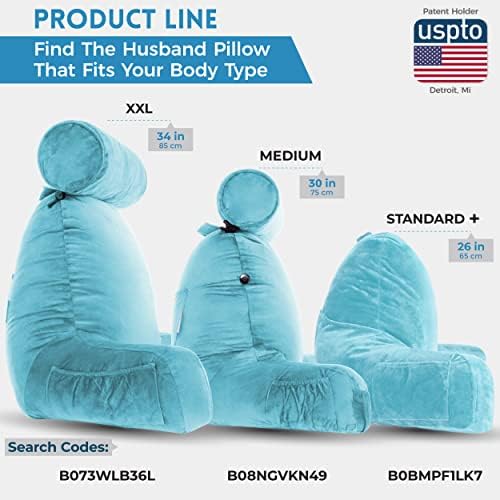 Husband Pillow Medium Reading Pillow with Arms - 23" Backrest for Sitting Up in Bed - Firm Support Bed Rest Pillow for Adults, Neck Roll, Removable Cover - TV, Reading, Lounging - Carolina Blue