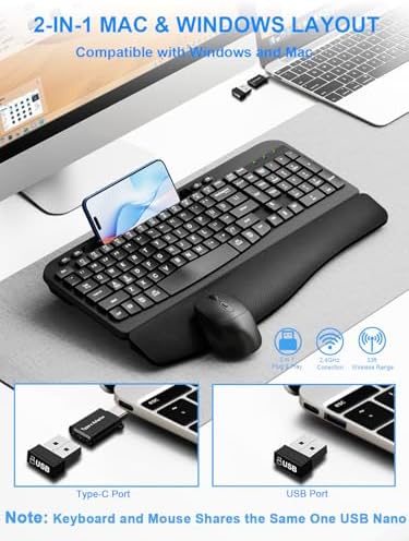 Hayyiesh Ergonomic Wave Keys Wireless Keyboard and Mouse Combo, Full Size with Memory Foam Wrist Rest & Phone Holder, 2.4G Cordless Set with USB-C Adapter for Windows Mac Desktop Laptop (Black)