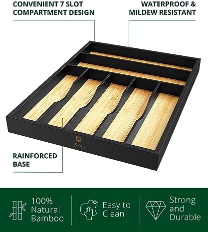ROYAL CRAFT WOOD Luxury Bamboo Kitchen Drawer Organizer - Silverware Organizer - Utensil Holder and Cutlery Tray with Grooved Drawer Dividers for Flatware and Kitchen Utensils (7 Slot)
