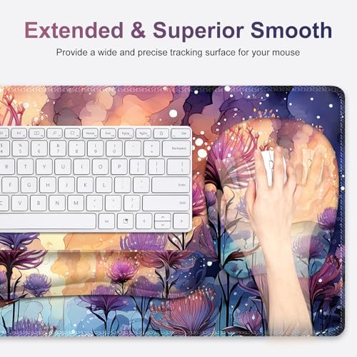 4 in 1 Large Mouse Pad, Keyboard Wrist Rest Set, Ergonomic Mouse Pad with Wrist Support, Desk Mat with Stitched Edges, Extended Desk Pad Waterproof Desk Mat for Home Office I Blossom Purple Flower