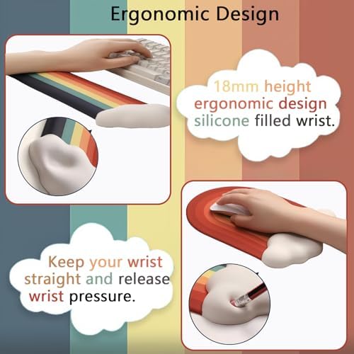 Gel Cloud Keyboard Wrist Rest Cute Rainbow Mouse Pad with Wrist Rest for Computer Keyboard and Mouse Pad Set PU Base Silicone Ergonomic White Cloud Wrist Pad Support for Gaming Desk Laptop Home Office