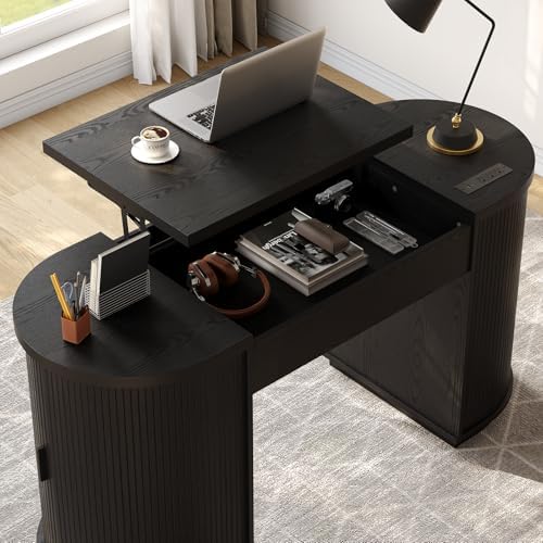 ONBRILL 59 Inches Office Desk with Lift Top, Fluted Executive Desk Black
