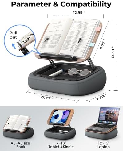 Viozon Lap Book Pillow Stand with Storage, Adjustable Beanbag Reading Pillow with Dark Wood Panel, Multi-Angle Book Holder for Hands-Free Reading in Bed or Sofa,Book Lover Essential, Soft Cushion