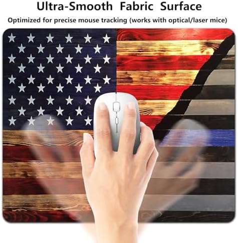 9.5x7.9 Inch Office/Gaming Mouse Pad, Rustic Patriotic American Flag Split Design Wooden Thin Blue Line Honor & Pride, Cute Anti-Slip Mat for Desk Decor