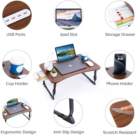 Laptop Desk for Bed, Height Adjustable Laptop Bed Table, Foldable Portable Lap Desk Stand with USB/Storage Drawer/Cup Holder/Slot, Breakfast Tray for Working Reading Writing Eating