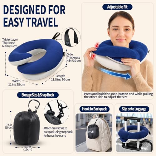 BUYUE Travel Neck Pillows for Airplanes, Memory Foam 360° Head Support Sleep for Long Flight, Skin-Friendly & Breathable, Kit with Eye Mask, Earplugs and Storage Bag (Adult, Navy, 90+ lbs)