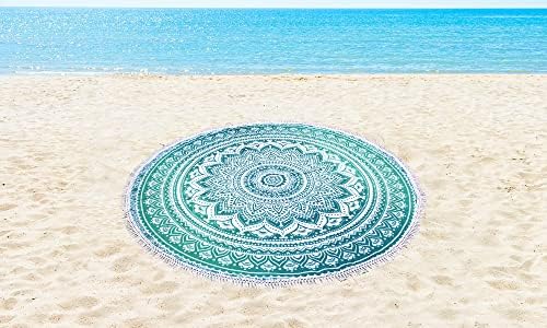 Round Beach Tapestry Turquoise Mandala Throw/Boho Hippie Beach Blanket Roundie/Indian Cotton Bohemian Large Round Table Cloth-Home Decor/Yoga Mat Meditation Picnic Rug (42", Green and White)