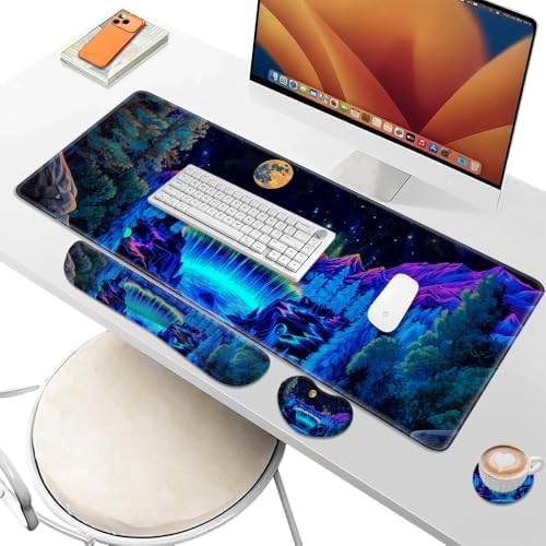 Desk Pad and Keyboard Wrist Rest, Large Mouse Pad + Keyboard Pad+Mouse Wrist Support, Non-Slip Desk Mat Protector for Office, Home 31.5×11.8 Inches Waterfall