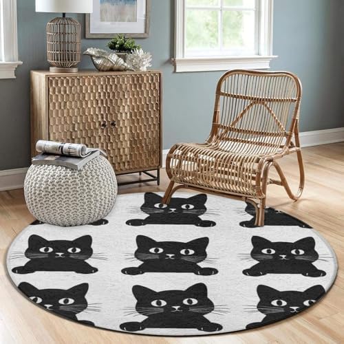 Soft Round Yoga Carpet, Large Home Decor Mat, Non Slip Machine Washable Kitchen Office Circle Rug Black Cat
