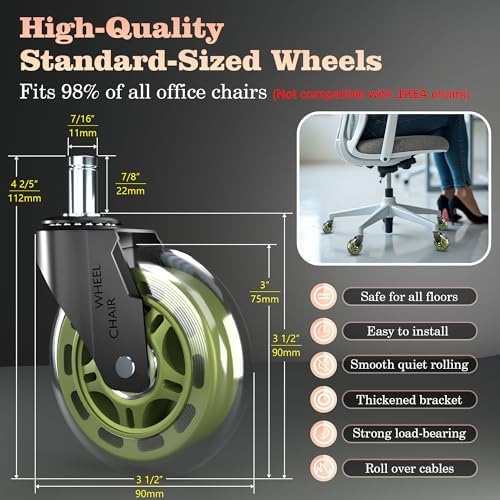 Office Chair Wheels Replacement,3" Rubber Casters 7/16" Stem,Universal fit for Most Rolling/Gaming Chairs,Floor Protection for Carpet/Hardwood/Tile,Smooth&Quiet Rolling,Set of 5 (Green)