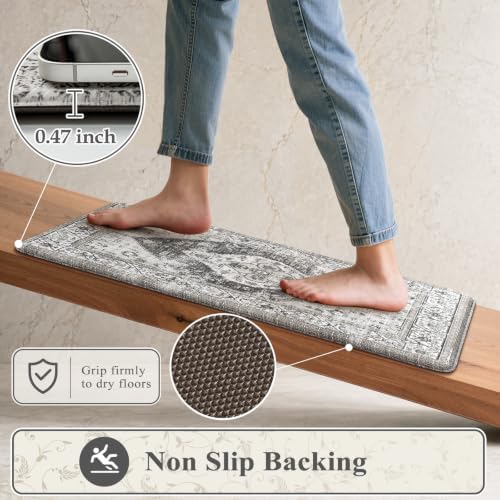 KIMODE Kitchen Mats Cushioned Anti Fatigue, Boho Vintage Kitchen Rugs Grey