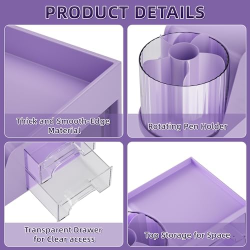 Marbrasse Desk Organizer with 2 Drawer, 360°Rotating Pen Holder, Desk Organizers and Accessories with 6 Slots Pencil Holder + 2 Drawer, Art Supply Storage Box Caddy for Office (Purple)