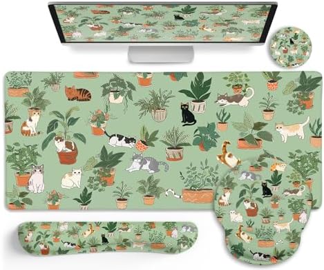 LIMKRIAN Cat Ergonomic Mouse Pad XXL Desk Mat Set, Green Desk Accessories