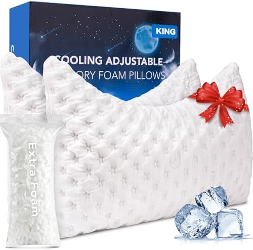 KUCEY Cooling Side Sleeper Pillow for Neck and Shoulder Pain, Luxury Shredded Memory Foam Curved Bed Pillows for Sleeping Set of 2- Adjustable King Size- Washable Cover Crescent White