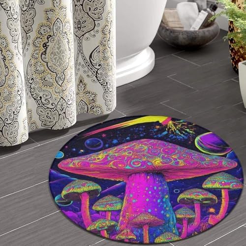 Machine Washable Modern Round Area Rug, Room Sofa Yoga Soft Round Carpet, Home Decor Non Slip Kitchen Office Circle Rug Trippy Purple Mushrooms, 36inch