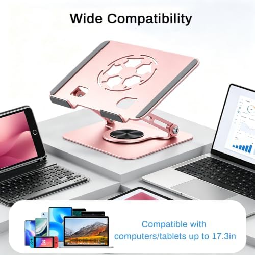 360°Rotating Laptop Stand, Ergonomic Adjustable Foldable Notebook Riser, Metal Computer Holder Compatible with 10-17.3" Laptops, Desktop Printer Stand, for Home & Office (Pink)