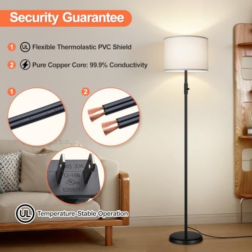 Floor Lamp Simple Design with Shade, Small Tall Lamps for Living Room Bedroom Office Dining Room Kitchen, Black Pole Lamp-Gray