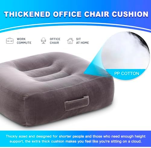 Extra Thick Seat Cushion, Large Chair Cushion Booster for Office Chair to Rise Height, Velvet Cover with Handle and Anti-Slip Bottom, PP Cotton Filling - Relieves Back Pain - 18"X16"X6" Grey