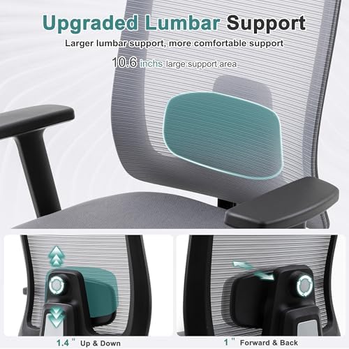 Shintenchi Mesh Office Chair, Ergonomic Home Office Desk Chair with Adjustable Lumbar Support, Headrest, 90°-135° Tilt, Computer Chair for Home Office, Gray Task Chair