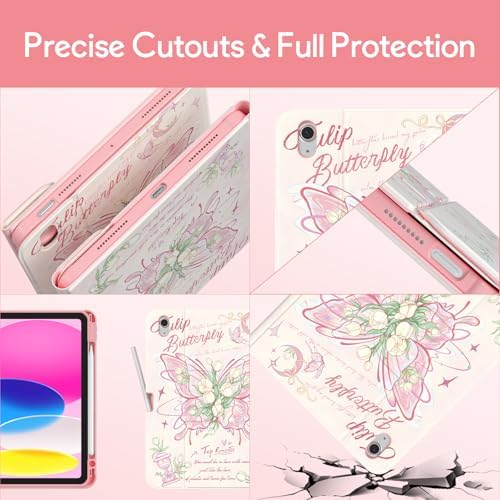 YBING Keyboard Case for iPad 10th Gen 10.9 inch(2022) & 11th Gen(A16, 2025), Painted Patterns Detachable Keypad & Rotatable Magnetic Case with Pencil Holder (Butterfly Pink)