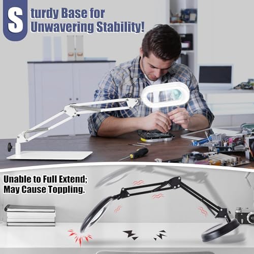 Drdefi 12X Square Magnifying Glass with Light and Stand, Real Glass LED Lighted Magnifier, 5 Color Modes Stepless Dimmable, Hands-Free Mag Desk Lamp with Clamp for Reading Craft Hobby Close Work White
