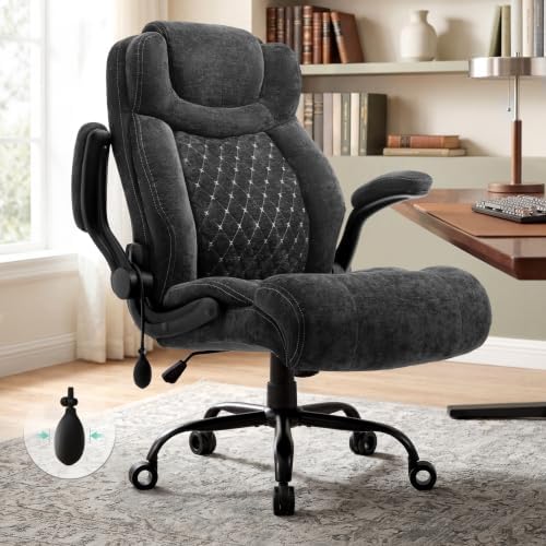 500LBS Big and Tall Executive Office Chair with Adjustable Lumbar Support,Extra Wide Seat Ergonomic Computer Desk Chair Flip-up Arm,Home Office Chair Spring Cushion Upgraded Metal Base, Fabric Black