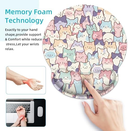Cute Colorful Cat Ergonomic Mouse Pad with Wrist Rest for Desk Work Office