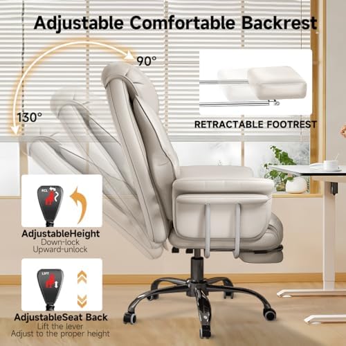 Big and Tall Office Chair 550 lbs Extra Wide Leather Executive Chair with Retractable Footrest, Heavy-Duty Ergonomic Chair, Adjustable Height Computer Gaming Chairs