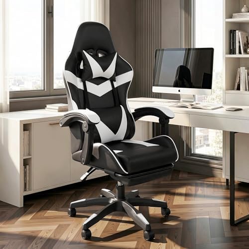 J.M.-Deco Gaming Chair Office Chair-Big and Tall Office Ergonomic Chair with Foot Rest - Comfy Desk Chair with Lumbar Support,Black and White
