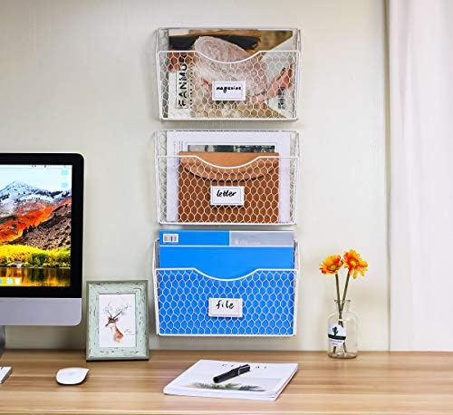 PAG-Mass 3 Pockets Hanging File Holder Wall Mount Mail Organizer Metal Chicken Wire Magazine Rack with Tag Slot, White