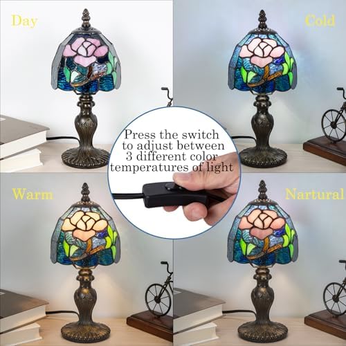 Small Tiffany Table Lamp, 3 Color-Temperature Roses Stained Glass Lamp,6 Inch Tiffany Style Lamp for Bedroom Living Room Home, Handcrafted Light, Included Bulb (Blue)