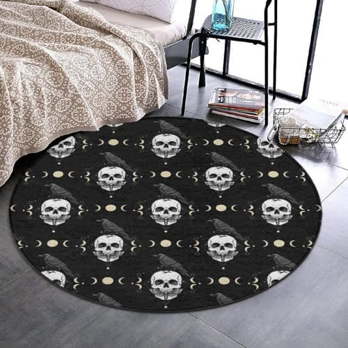 Women's Large Home Decor Mat, Soft Round Yoga Carpet, Non Slip Machine Washable Home Office Circle Rug Black Raven Moon Skull, 60inch