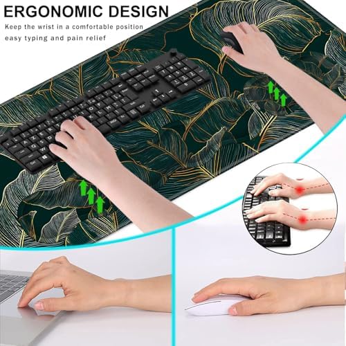Keyboard Wrist Rest and Mouse Pad with Wrist Support Set Ergonomic Coaster,Memory Foam,Easy Typing Pain Relief,Large XL Desk Mat 31.5"x 11.8",Tropical Leaves