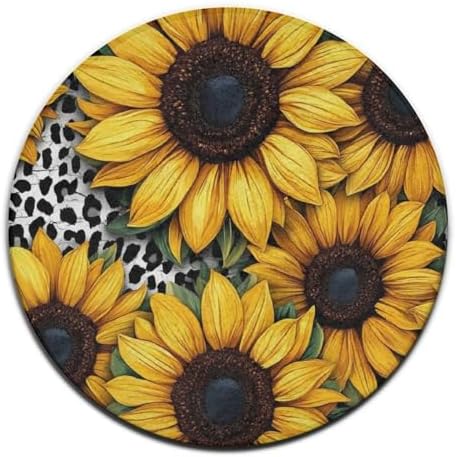 Large Round Area Rug Home Decor Modern Bathroom Rug Kitchen Office Circle Rug for Living Room Sofa Circle Cute Mat 80s Vintage Cow Print Sunflowers, 36inch