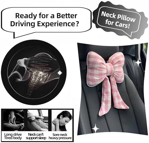 2PCS Chic Car Headrests with Bow-Shaped Cotton Linen Bowknot Neck Pillows for Cozy Road Trip & Cute Interior Decoration (Pink Plaid)