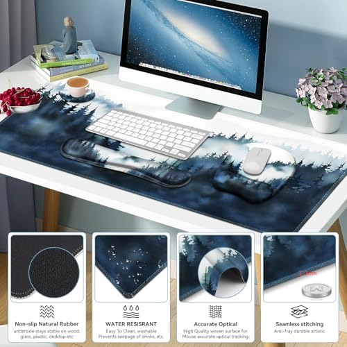 Large Mouse Pad, Keyboard Wrist Rest Set, Ergonomic Mouse Pad with Wrist Support, Desk Mat with Stitched Edges + Coaster, Extended Desk Pad Waterproof Desk Mat for Home Office Game I Misty Forest