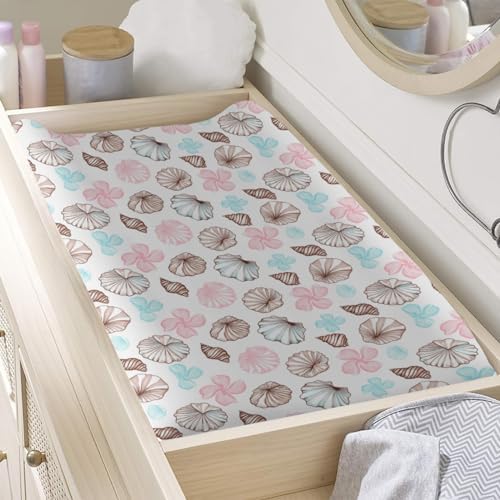 Colorful Seashells Flowers Floral Baby Changing Pad Cover, Unisex Ocean Beach Animals Theme Nursery Diaper Changing Table Pad Mat Sheet for Boys Girls-16x32
