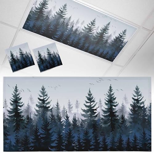 Forest Blue Trees Magnetic Fluorescent Light Covers for Ceiling Lights 2 x 4 Feet, Watercolor Nature Bird Office Classroom Kitchen Drop Ceiling Light Covers Lighting Filters Shade Panel 2 Packs